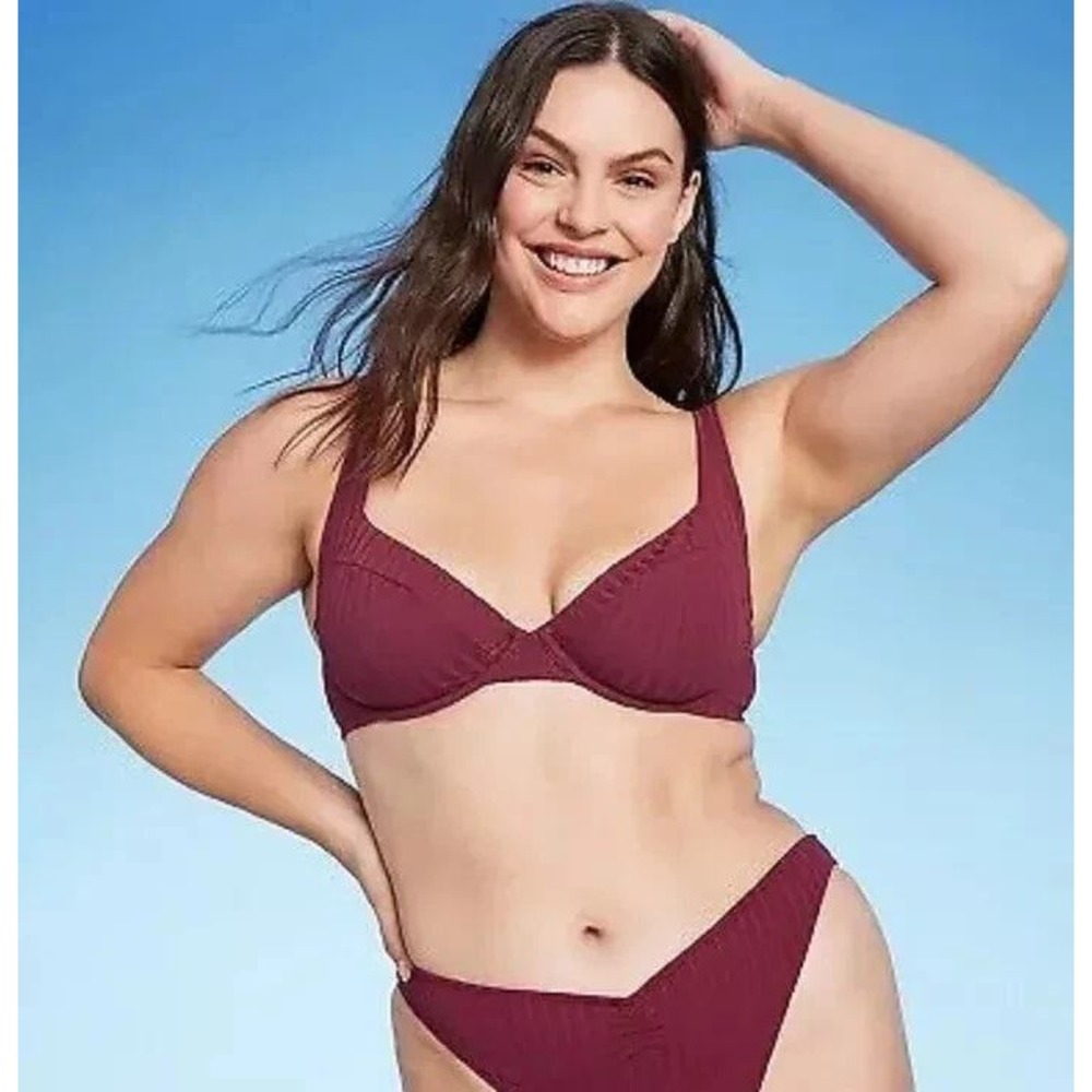 Shade & Shore Burgundy Ribbed Underwire Bikini Set V-Front High‎ Leg Swimsuit